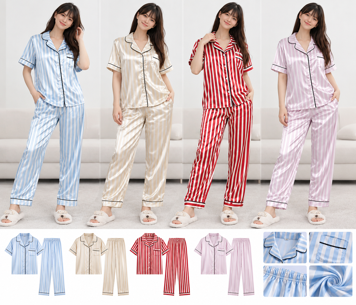 Pijama Satin Dama Rayada Rose Girl #520 — Paquete de 10 piezas