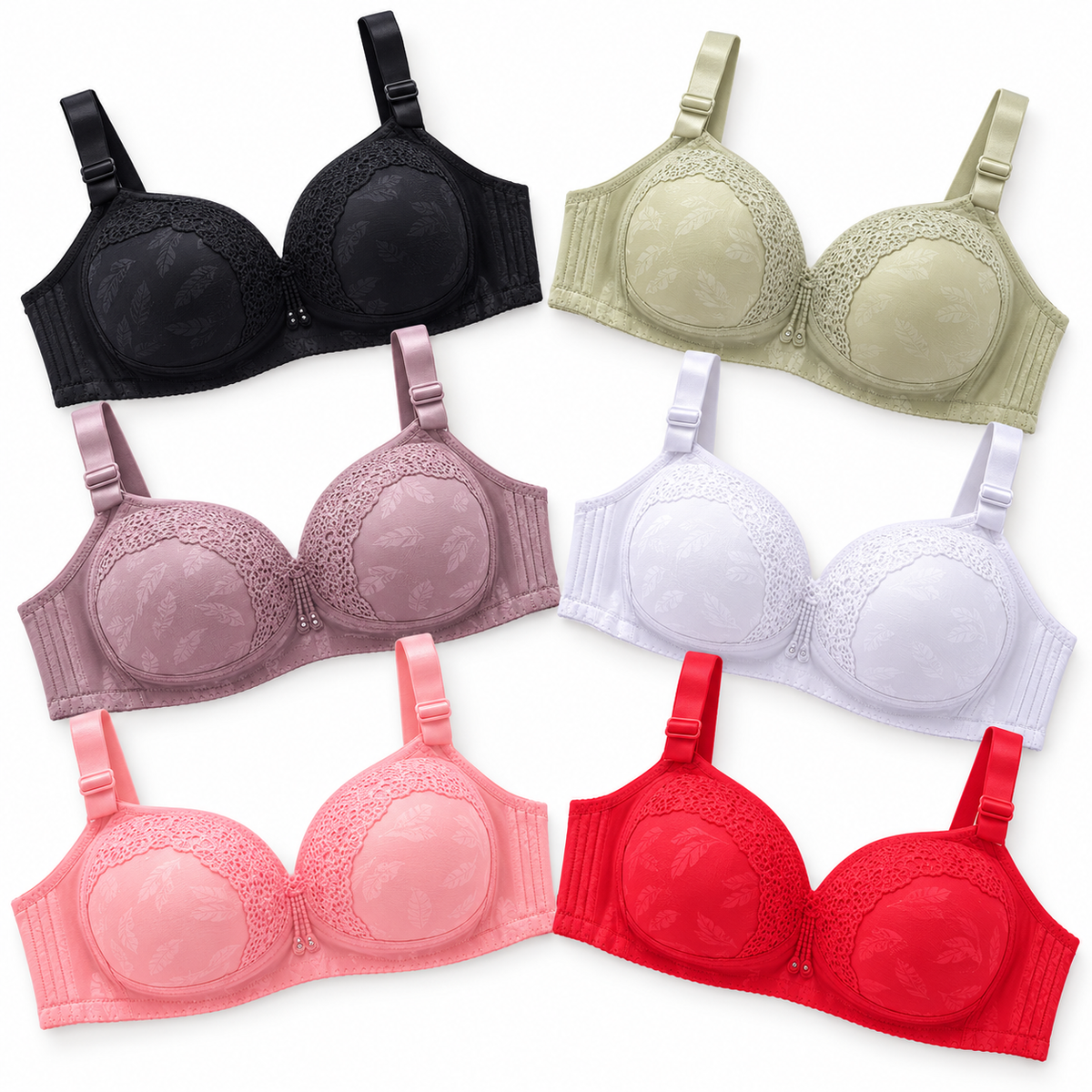 Brasier Sin Varilla Coco Bra C12 — Paquete de 24 piezas surtido sobre fondo blanco